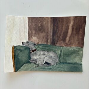 Watercolor Painting of Grey Dog on Green Couch